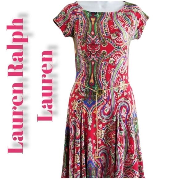 Lauren Ralph Lauren Paisley Dress With Gold Chain Belt Size M - Picture 1 of 9
